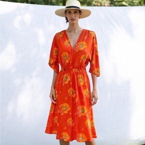 Tucker Juliette Silk Stretch Charmeuse Midi Dress Rust Orange Floral XL